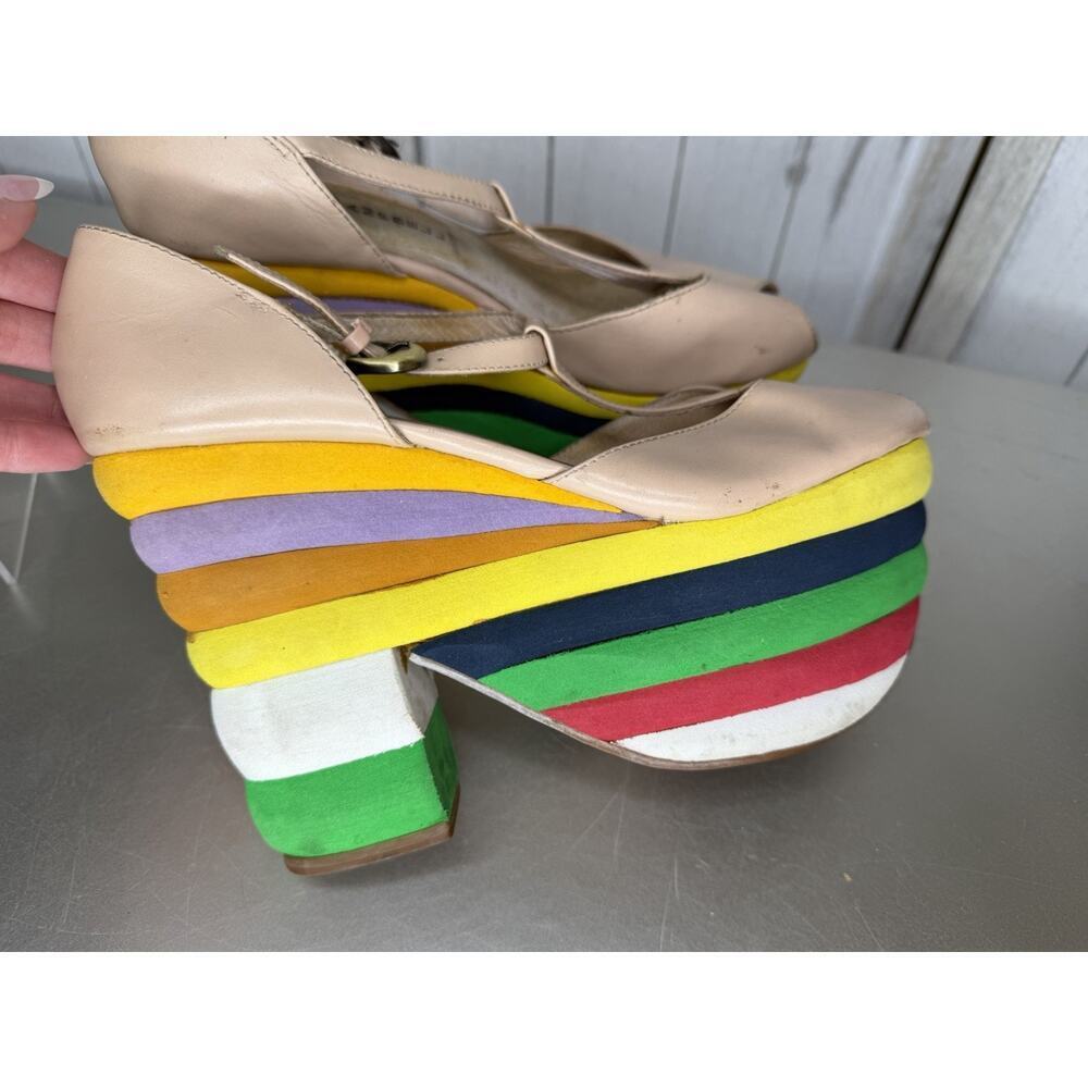 Jeffrey Campbell “Salvatore” Peep Toe Leather & Rainbow Platform Heels Sz 6 RARE - Picture 4 of 8